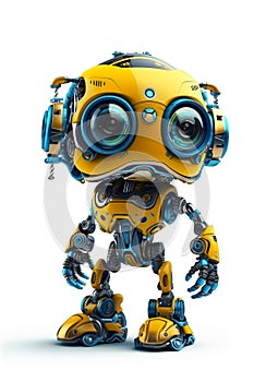 Cute friendly blue-yellow robot isolated on white background. Created using generative AI