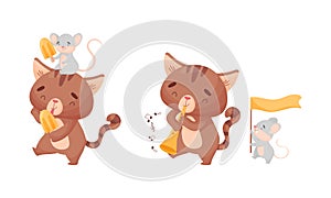 Cute Friendly Cat and Mouse Eating Ice Cream and Playing Trumpet Vector Set