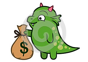 Cute friendly green dragon monster holding money bag