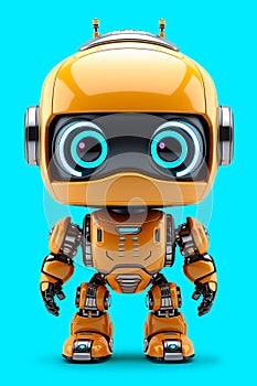 Cute friendly orange robot isolated on turquoise background. Created using generative AI