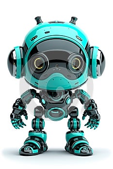 Cute friendly teal-black robot isolated on white background. Created using generative AI