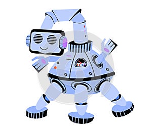 Cute friendly toy robot cartoon flat vector illustration isolated on white.