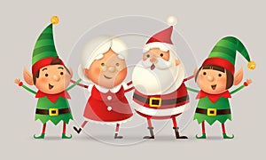 Cute friends celebrate Christmas - Santa Claus, Mrs Claus, Elfs girl and boy - vector illustration isolated