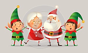 Cute friends celebrate Christmas - Santa Claus, Mrs Claus, Elfs girl and boy - vector illustration isolated photo