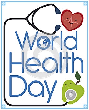 Cute Friends Celebrating World Health Day with Heart, Apple and Stethoscope, Vector Illustration