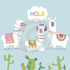 Cute friends mexican white alpaca llamas with cactuses