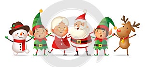 Cute friends Santa Claus, Mrs Claus, Elfs girl and boy, Reindeer and Snowman celebrate Christmas holidays - vector illustration is