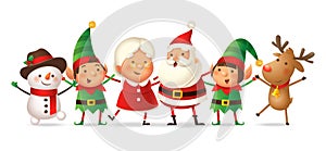 Cute friends Santa Claus, Mrs Claus, Elfs girl and boy, Reindeer and Snowman celebrate Christmas holidays - vector illustration is photo
