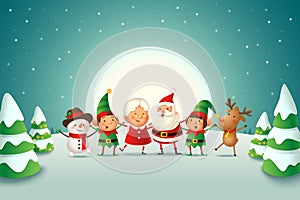 Cute friends Santa Claus, Mrs Claus, Elve girl and boy, Reindeer and Snowman celebrate Christmas holidays - vector illustration on photo