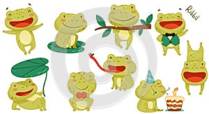 Cute frog activities set. Green funny amphibian animal character smiling, jumping, croaking, catching fly with tongue