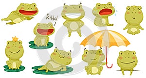 Cute frog activities set. Green funny amphibian toad character smiling, jumping and croaking cartoon vector illustration