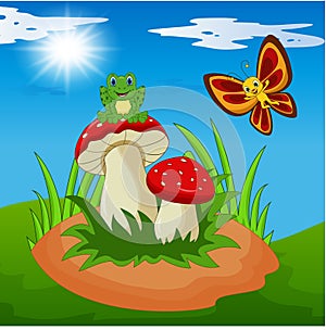 Cute frog and butterfly cartoon with mushroom