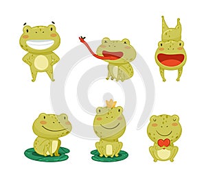 Cute frog cartoon character in everyday activities set. Green funny amphibian animal smiling, jumping, croaking