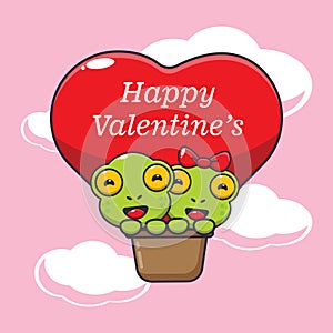 Cute frog cartoon character fly with air balloon in valentine\'s day.
