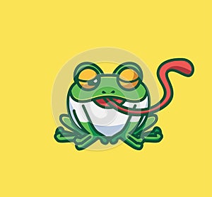 cute frog catching a fly. cartoon animal nature concept Isolated illustration. Flat Style suitable for Sticker Icon Design Premium