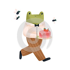 Cute frog character walking and carrying festive cake, gift for birthday party. Happy smiling funny animal in holiday