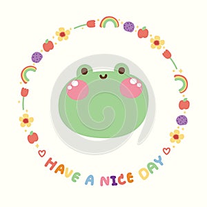 Cute frog face in nature icon frame.Reptile animal character design cartoon