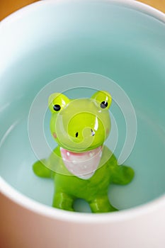 Cute frog figurine in the white mug with babyblue base