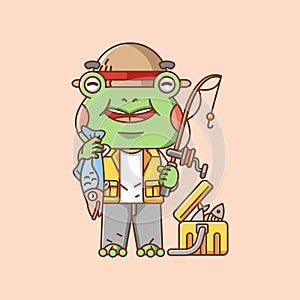 Cute frog fisher fishing animal chibi character mascot icon flat line art style illustration concept cartoon