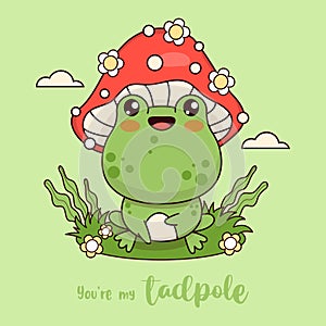 Cute frog fly agaric mushroom. Funny cartoon animal kawaii character. Vector illustration. Kids collection.