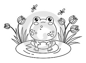 Cute frog on leaf in water with flowers. Animal outline kawaii character. Vector illustration. Line drawing, coloring