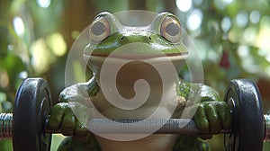 Cute frog lifting weights in a lush forest photo