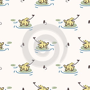 Cute frog on lily pad catching fly vector pattern. Wildlife amphibian home decor with cartoon lake frog. Seamless