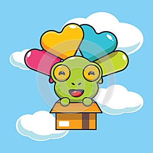 Cute frog mascot cartoon character fly with balloon.