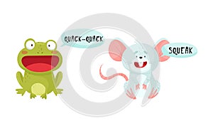 Cute frog and mouse baby animals making sounds set cartoon vector illustration