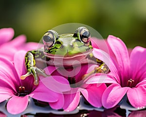 cute frog in a pond with flowers.