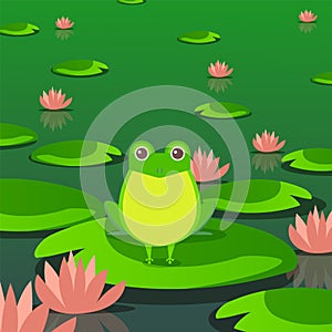 Cute frog in pond, sitting on leaf of water lily, vector illustration