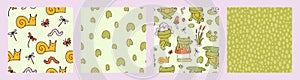 Cute frog seamless pattern collection. Sweet doodle toads with snails, dragonflies and lily pads.