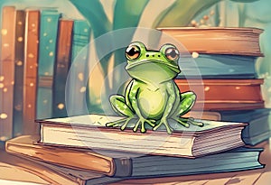 cute frog setting on books watercolor Illustrator