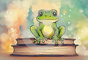 cute frog setting on books watercolor Illustrator