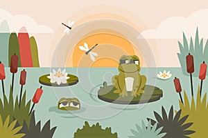 Cute Frog siiting on leaf in pond. Autumn landscape with Funny toads, foliage, reed, lotus, flying insects, wildlife. Cartoon