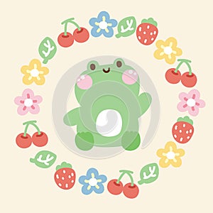 Cute frog sit in circle icon tiny frame cartoon hand drawn.Logo.Pastel