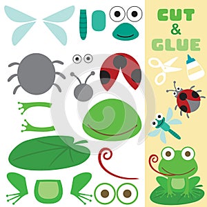 Cute frog sitting on lotus leaf with dragonfly and ladybird. Education paper game for children. Cutout and gluing. Vector cartoon