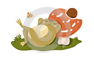 Cute frog sleeping under mushroom. Funny sleepy froggy asleep in nature. Adorable amphibian dreaming, lying on grass