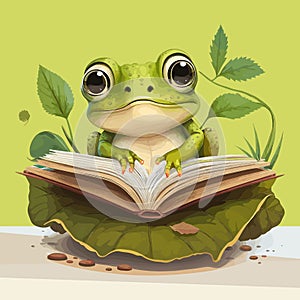 Cute Frog Standing on the Book looking Curious, Vector Illustration