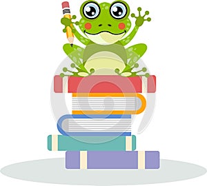 Cute frog student holding pencil on top of books.cdr