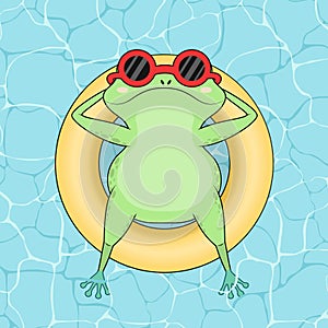 Cute frog swimming in a pool with a rubber ring, top view. Fun toad in sunglasses on a summer day. Flat vector art