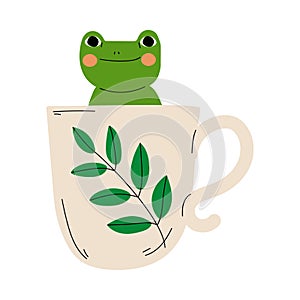 Cute Frog in Teacup, Adorable Little Amphibian Animal Sitting in Coffee Mug Cartoon Vector Illustration