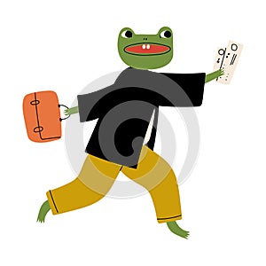 Cute Frog Tourist with Briefcase and Tickets, Funny Humanized Amphibian Cartoon Character on Vacation Vector