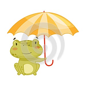 Cute frog walking with umbrella. Green funny amphibian toad character cartoon vector illustration