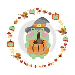 Cute frog witch hold pumpkin in autumn icon circle frame.Reptile animal