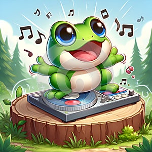 A cute froggy drops a new beat of music, dance in happy, with a frenzy movement, cartoon, disney style, animal, nature view