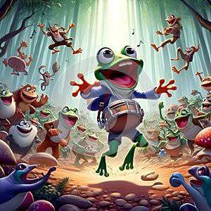 A cute froggy play an instrument of music, in happy face, drops new beat, make a frenzy movement in the entire forest, cartoon