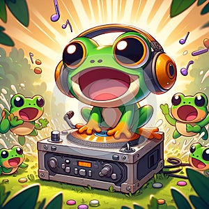 A cute froggy wearing headphone, play the music, drops a new beat, making a frenzy movement with entire forest, cartoon, disney