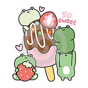 Cute frogs try to eat strawberry ice cram on white background.Reptile animal character cartoon