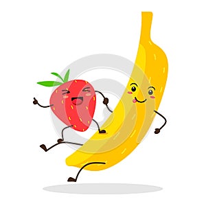 Cute fruit banana and strawberry emoticons together. Vector illustration on white background.